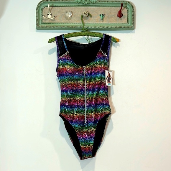 Spree Girl Swim Black Mesh Rainbow holographic rave one piece swimsuit medium - Picture 1 of 7